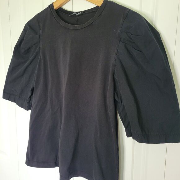 ZARA SIZE SMALL SHORT PUFF HALF SLEEVE BLACK TOP COTTON BLOUSE ROUND NECK BASIC - Picture 2 of 5